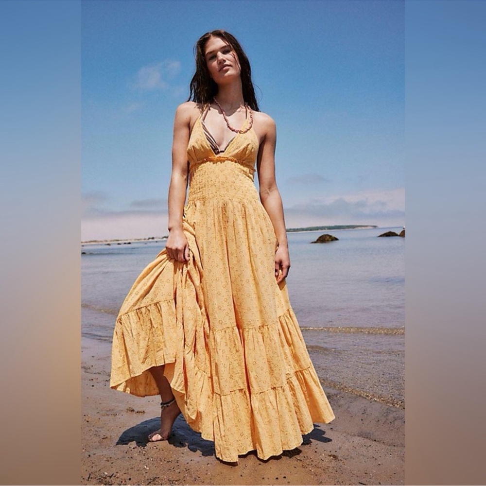 Free People Pintuck Paradise Maxi Dress Golden Glow Size XL NWOT